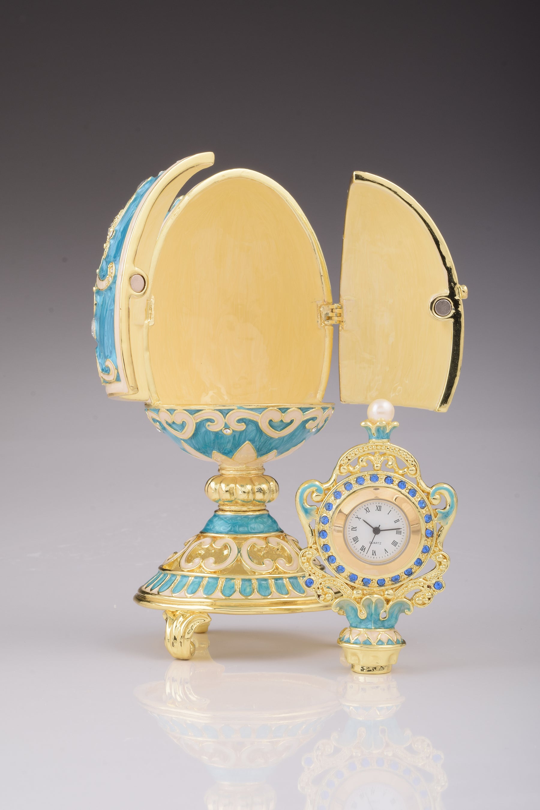 Teal Faberge Egg with Clock Inside