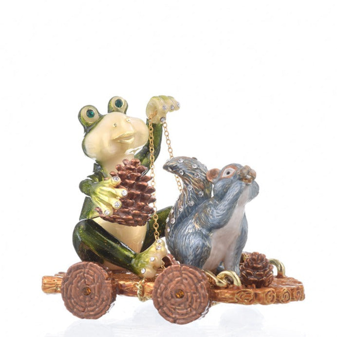 Frog and Squirrel on Wooden Car