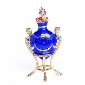 Blue Decorated Faberge Egg with Clock Easter Egg Keren Kopal