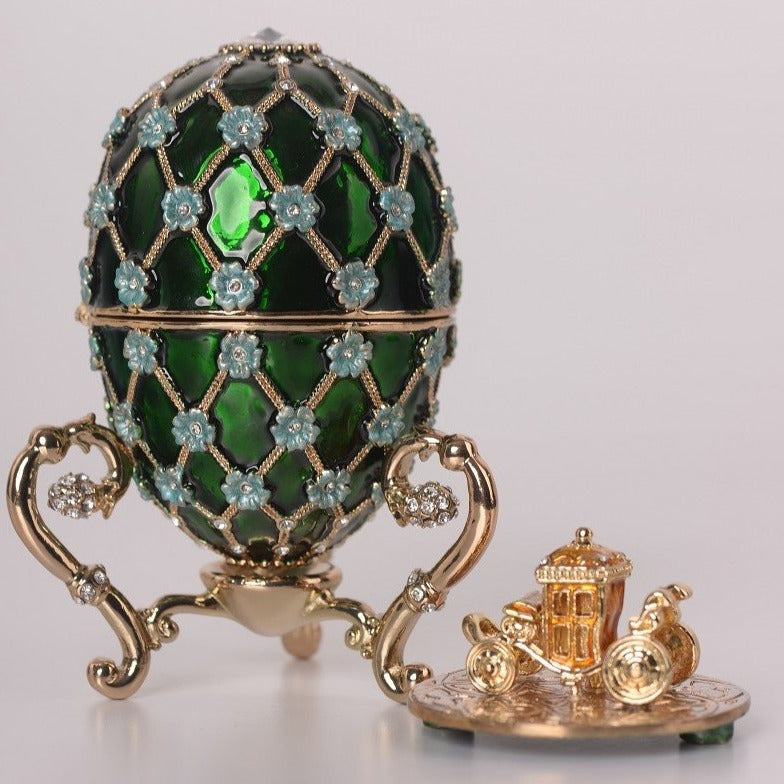 Keren Kopal Green Faberge Egg with Blue Flowers & Gold Carriage Inside  117.50