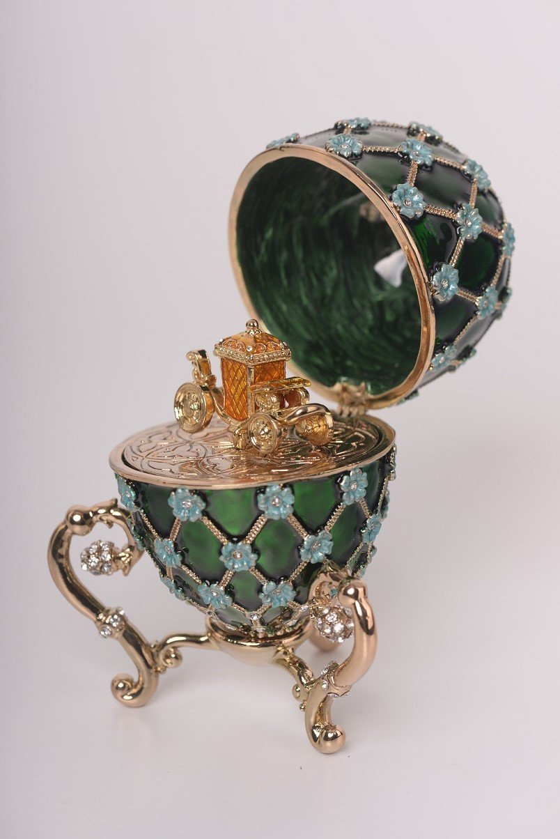 Keren Kopal Green Faberge Egg with Blue Flowers & Gold Carriage Inside  117.50