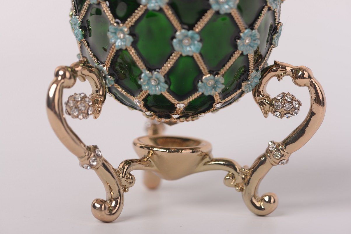 Keren Kopal Green Faberge Egg with Blue Flowers & Gold Carriage Inside  117.50