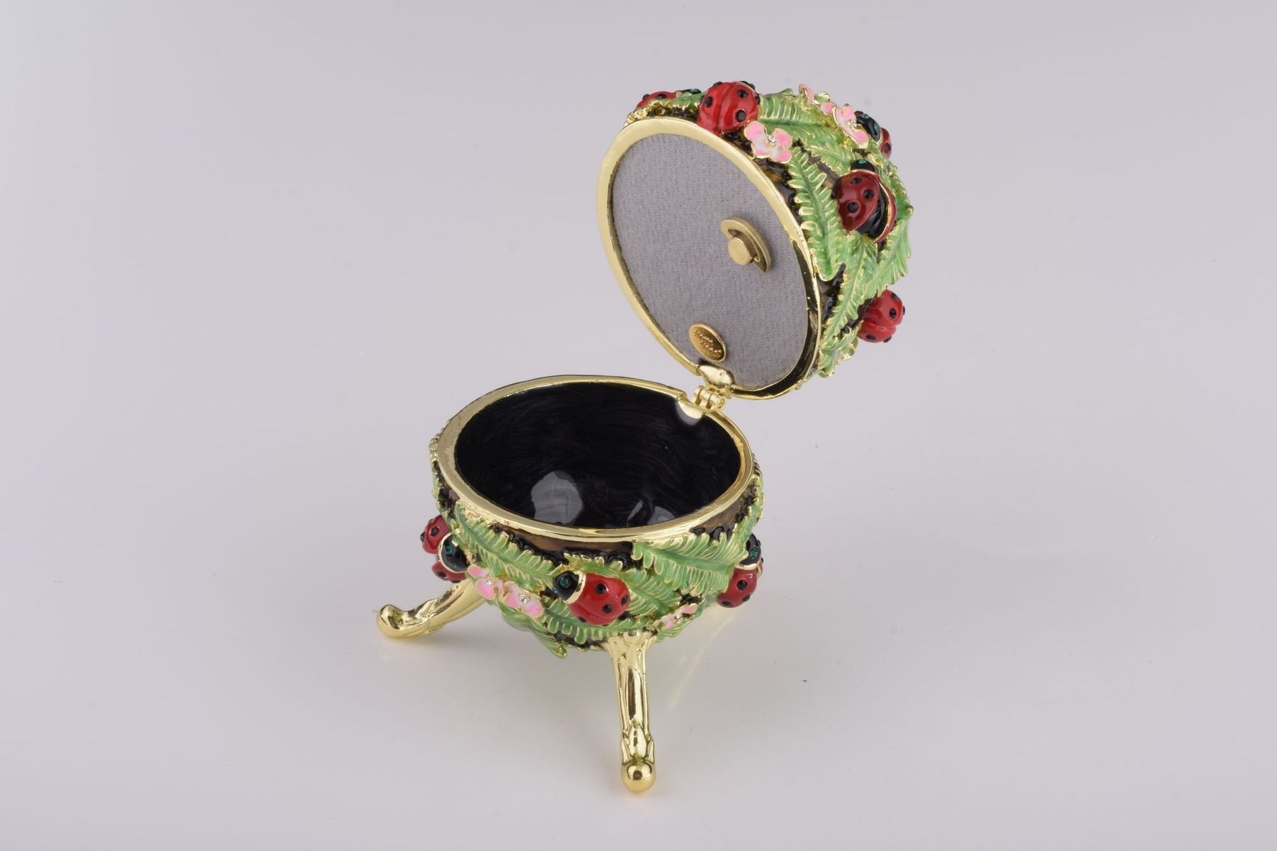 Green Music Playing Faberge Egg with Ladybird Beetles Ladybugs Music Box Keren Kopal