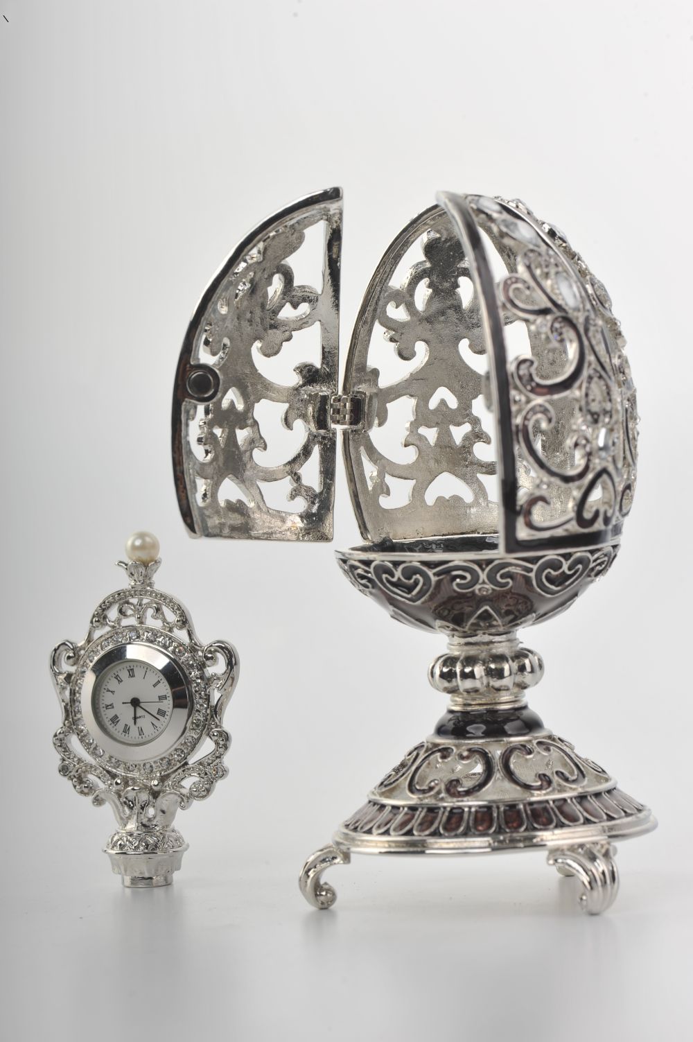 Silver & Black Faberge Style Egg with a Clock Inside  Keren Kopal